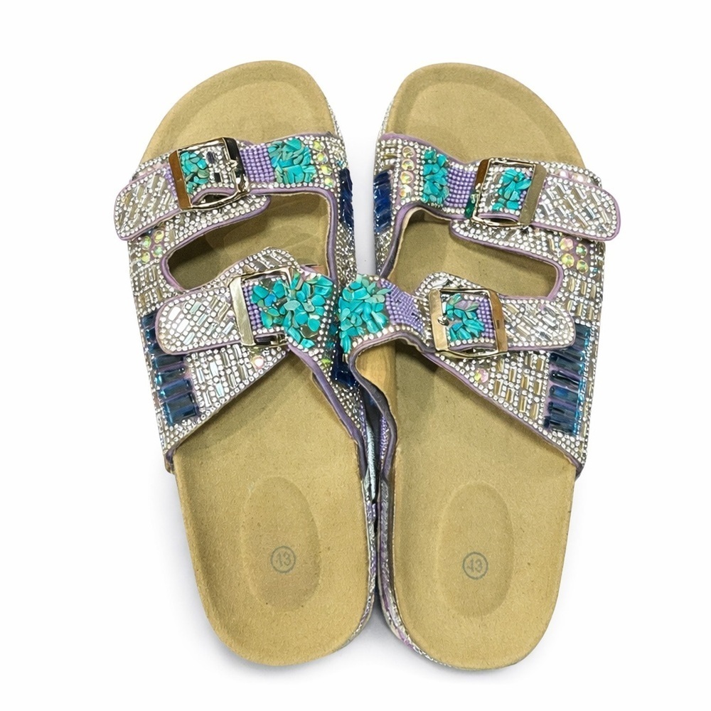 NWOT-Stylish Blue and Purple Buckle Sandals bedazzled shoes